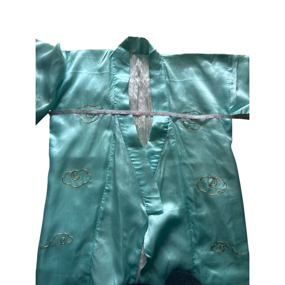 Vintage 1960s Satin Kimono Robe Heavily Embroidered Dragon Mint Green OS XS-L - Picture 5 of 5